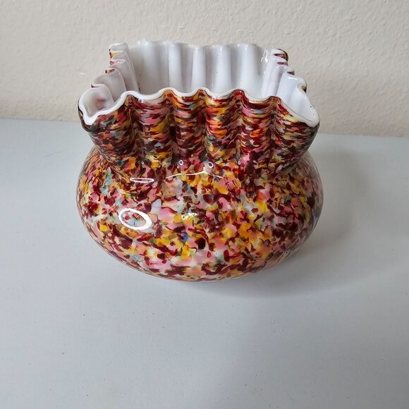 Victorian Franz Welz Spatter Glass Squat Short Crimped Bowl Vase Murrhina 4" - Picture 6 of 10